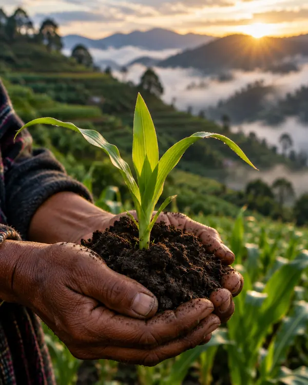 Manos sosteniendo tierra con una planta de maíz recién nacida, frente a montañas con neblina