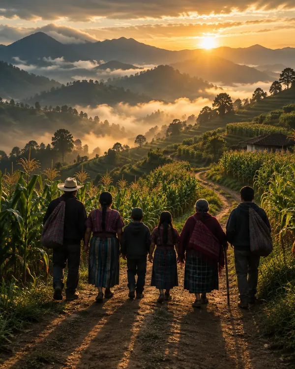 Una familia camina junta entre milpas hacia el amanecer en el altiplano