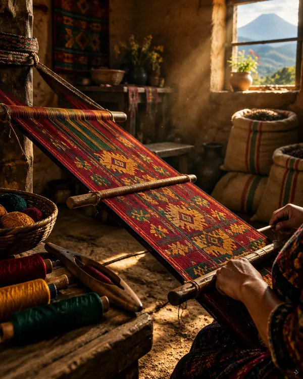 Telar de cintura con un tejido tradicional de colores, iluminado por la luz de una ventana
